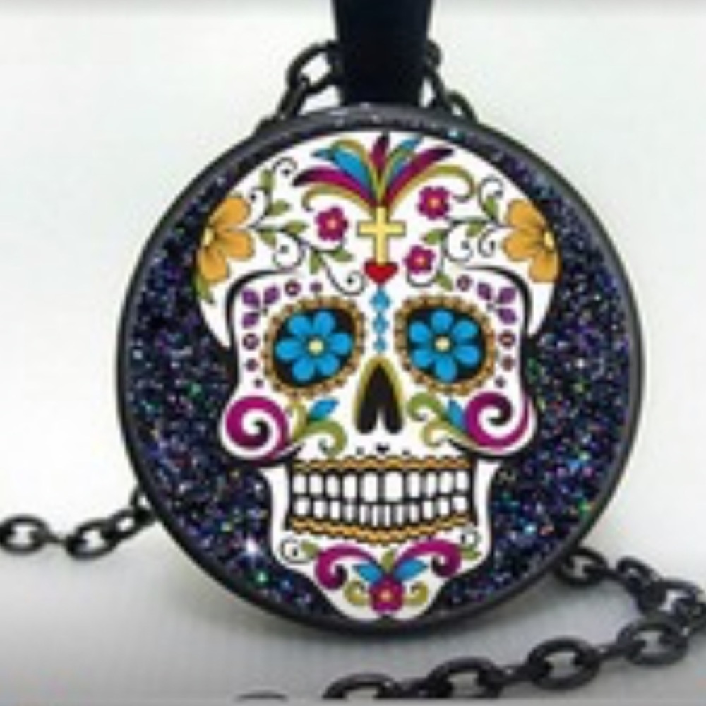 Sugar Skull Necklace Glass Cabochon Raised Glass Black 19 inch Chain Multicolor